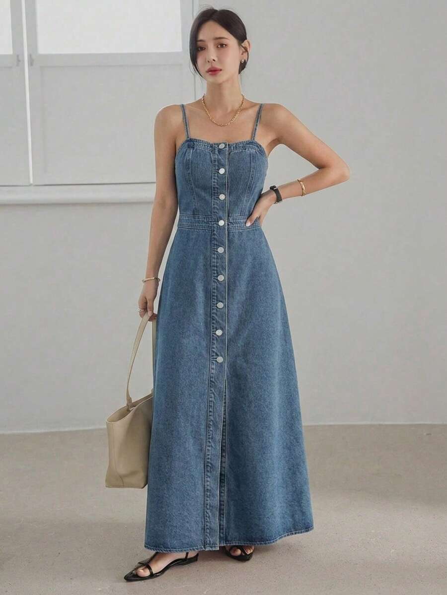 Dazy-Less Đầm denim không tay dáng chữ A xẻ tà, thắt eo, dành cho nữ, thích hợp cho mùa xuân và hè. - Màu xanh lam - Xem 1