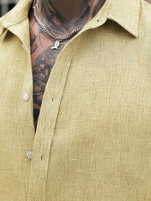 Manfinity CasualCool Plain Front Button Long Sleeve Casual Linen Shirt Ceremony - Yellow - View 3