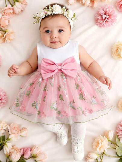 SHEIN Đầm lưới không tay màu trắng phối nơ hoa hồng cho bé gái sơ sinh mùa hè.