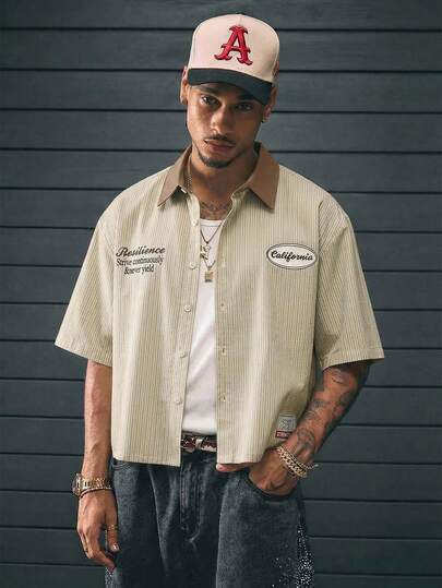 AXEPEAK Men's Striped Single-Breasted Letter Print Casual Versatile Daily Wear Shirt