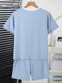 Vacaura Set de 2 camisetas de cuello redondo con bloques de color para niños, cómodas y de moda para uso diario, escuela y deportes - Azul - Ver 2