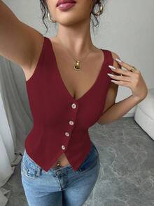 Elenzga 2025 Spring & Summer Versatile Casual Slim Fit V-Neck Sleeveless Top - Burgundy - View 3
