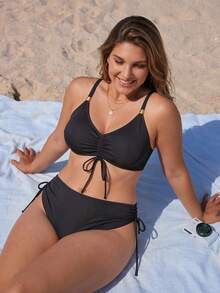 Swim Lushoire Plus Size Women Summer Beach Solid Color Bikini And Triangle Panty Swimwear Set - Blue - View 5