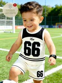 2pcs/Set Baby Boy Casual Holiday Outfit, 66 Pattern Print Vest + Numeric Print Shorts, Suitable For Summer Outings - Multicolor - View 4