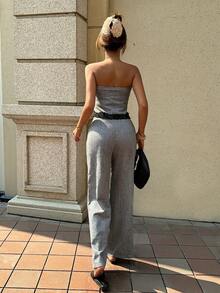 Pariaura 2pcs Set: Textured Gray Crop Top With Black Lace Trim + Wide Leg Pants - Black and White - View 2