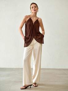 MOTF PREMIUM WOMEN'S RETRO ELEGANT FASHION CASUAL RUCHED CAMI TOP - Coffee Brown - View 4