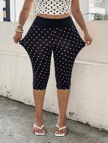 SHEIN EZwear Leggings femininas plus size com estampa de bolinhas, corte slim e versátil para o dia a dia. - Preto e Branco - Ver 6