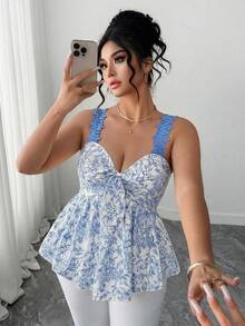 Elenzga Plus Size Women's Elegant Floral Print Ruffle Trim Camisole Top With Cinched Waist, Summer - Blue - View 6