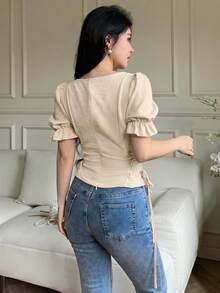 Feyla 女士优雅提花拼接交叉系带腰部衬衫，夏季 - 杏色 - 查看 7