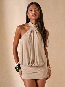 SHEIN BAE 女士时尚纯色露背吊带珍珠装饰迷你连衣裙 - 卡其色 - 查看 7