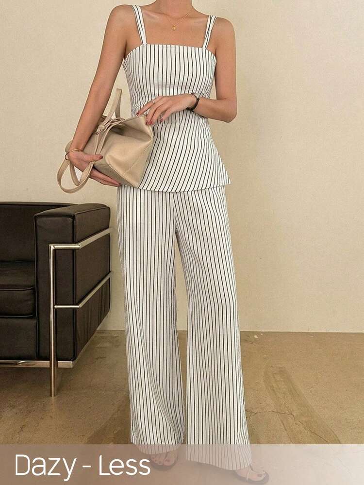 2pcs Women's Stripe Camisole Top And Loose Pants Set, Spring/Summer