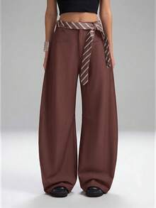 SHEIN EZwear 大码时尚通勤纯色弯腿西装裤阔腿裤宽松裤女装秋冬款 - 酒紅色 - 查看 7
