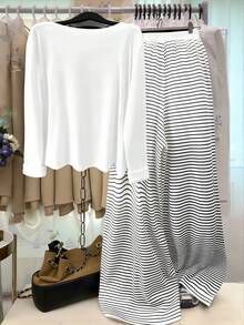 GlowEve CURVE Cárdigan de punto de unicolor talla grande, cierre con botones delanteros, decoración con cordón ajustado a rayas, pantalones elegantes casuales para uso diario y de oficina - Blanco - Ver 2