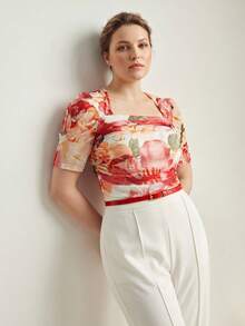 MOTF PREMIUM BLUSA ELÁSTICA DE MALLA ESTAMPADA PARA MUJER TALLA GRANDE, PRIMAVERA/VERANO - Rojo - Ver 4