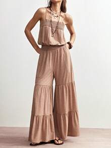 Bohemela Women's Casual Sexy Loose Jumpsuit Boho Summer Vacation Beach Golf Solid Knitted Fabric Roman-Style Ruffle Music Festival Western Country Outfit - Khaki - View 6