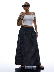 SHEIN EZwear 大码女式休闲简约风格藏蓝色格子侧系带半身裙 - 藏蓝色 - 查看 8