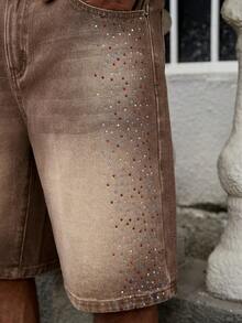 GALLERY FADE Men's Rhinestone Embellished Wide Leg Denim Shorts - Yellow - View 2