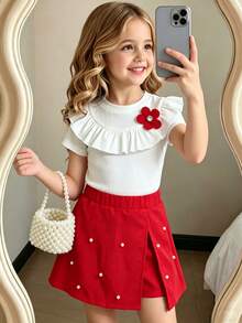 SHEIN Elladie kids 两件套女童休闲新款T恤套装，女童两件套，白色荷叶边领罗纹上衣配红色花朵胸针+红色珍珠装饰短裙套装，幼儿儿童优雅短袖上衣和高腰开衩短裙，适合派对、生日、休闲场合。女童衬衫，女童裙装，女童春季服装，女童套装，3-4岁女童每日穿搭，夏季服装……柔软连衣裙，魅力连衣裙，时尚正式连衣裙，基础款，度假风，派对装扮 - 彩色 - 查看 6
