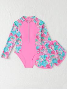 SHEIN Bộ đồ bơi Tankini cho bé gái tuổi teen, bikini hai dây, họa tiết vỏ sò màu hồng, thiết kế khóa kéo, gồm 2 mảnh, đồ bơi kín đáo cho thanh thiếu niên, thích hợp cho bơi lội, bãi biển, hồ bơi, kỳ nghỉ hè. - Hồng - Xem 7