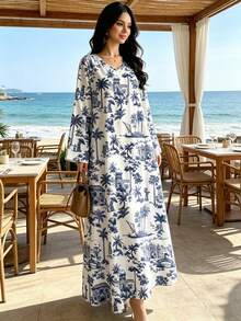 SHEIN Najma Đầm dài in họa tiết thực vật cổ điển, đầm hoa tay dài cổ chữ V, đầm chiffon thanh lịch cho mùa xuân/hè. - Nhiều màu - Xem 1