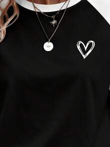 EMERY ROSE Áo thun nữ tay ngắn raglan phối màu tương phản in hình trái tim, kiểu dáng thường ngày. - Nhiều màu - Xem 4