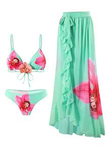 Swim SXY Bộ 3 món đồ bơi mùa hè cho nữ, họa tiết hoa lan hồng, áo cổ yếm, quần bikini, váy maxi, đồ bơi gợi cảm, váy hè cho nữ, trang phục lễ hội cho nữ, trang phục đi nghỉ mát cho nữ, váy xếp ly cho nữ, váy hoa cho nữ, váy thanh lịch cho nữ, váy lễ hội, váy dự tiệc cưới cho nữ. - Màu xanh Bạc hà - Xem 4
