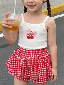 SHEIN Young Girls' Spaghetti Strap Ribbed Casual Cherry Print Summer Camisole Set - Red - View 2