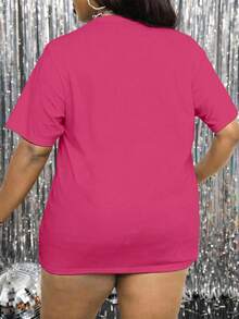 Maweii Camiseta de manga corta con eslogan y diamantes de imitación para mujer, tallas grandes - Rosa Fucsia - Ver 2