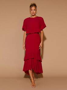 COSMINA Women's Elegant Ruffle Trim Round Neck Long Dress, Suitable For Dates, Parties, All Seasons, Red Ruffle Dress, Red Midi Dress, Burgundy Dress, Women Red Dress - Fiery Red - View 3