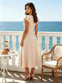 Apricot Ruffle Sleeve Wrap Tie Dress For Women, Vacation - Apricot - View 2
