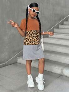 SHEIN Young Girl Cut And Sew Leopard Tee Dress - Multicolor - View 6