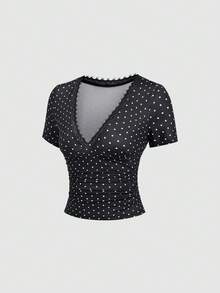 Sweetra 2pcs/Set Women's Fashionable Elegant Versatile Polka Dot Print Lace Patchwork Ruffle T-Shirt - Multicolor - View 8