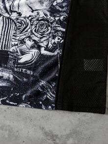 ROMWE MEN Prep Men's Collaboration Mesh Splice Short Sleeve Sports T-Shirt - Black - View 4