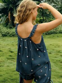 WESTFADE Blusa de mujer con volantes, tirantes y bordado floral - Azul lavado medio - Ver 2
