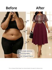 SHEIN Lady Plus Size Women Crew Neck Ruffle Sleeve Elegant Leopard Print Color Block Dress - Burgundy - View 4