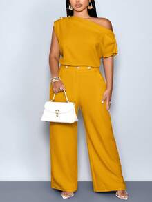 SOLERSUN Blusa de mujer talla grande de primavera/verano elegante con cuello asimétrico, sin mangas, botones metálicos, ajustada, de unicolor, blusa de un hombro, blusa de un hombro, blusa para la oficina, cita, noche, oficina, viaje diario, modesta - Amarillo - Ver 3