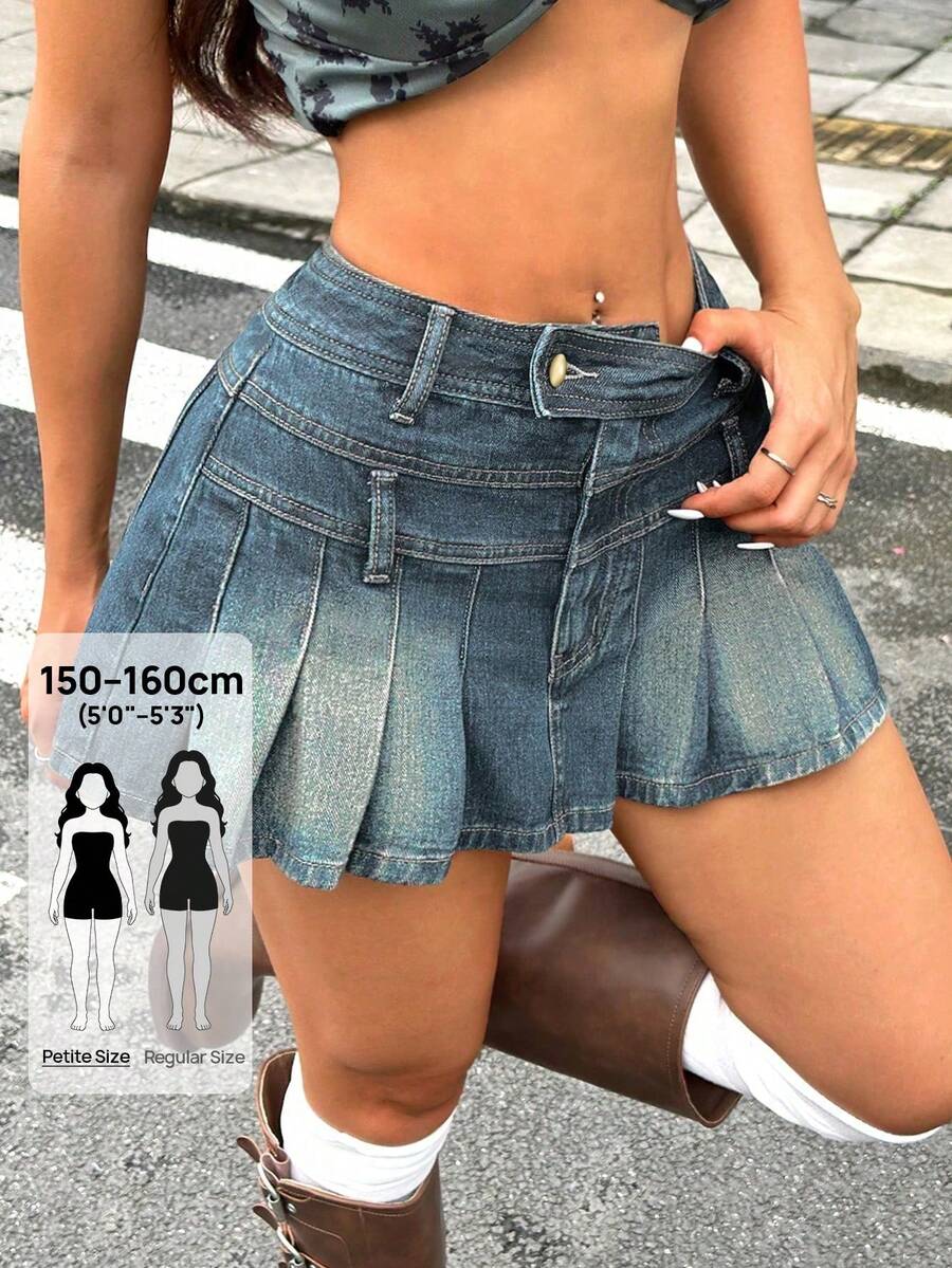 SHEIN PETITE Chân váy ngắn xếp ly denim thời trang nữ - Màu xanh lam - Xem 1