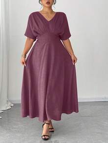 Elenzga Plus Size V-Neck Solid Color Short Sleeve Casual Dress, Simple & Fashionable For Everyday Wear,Valentine - Mauve Purple - View 3