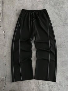 AXEPEAK Men's Contrast Trim Round Neck Short Sleeve T-Shirt And Drawstring Waist Casual Pants Set - Black - View 8