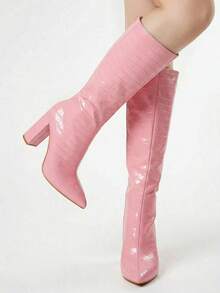 ROMWE Kawaii Fall/Winter Minimalist Crocodile Embossed Side Zipper Classic Boots, Fashionable Pink Women's Boots,Party - Pink - View 2