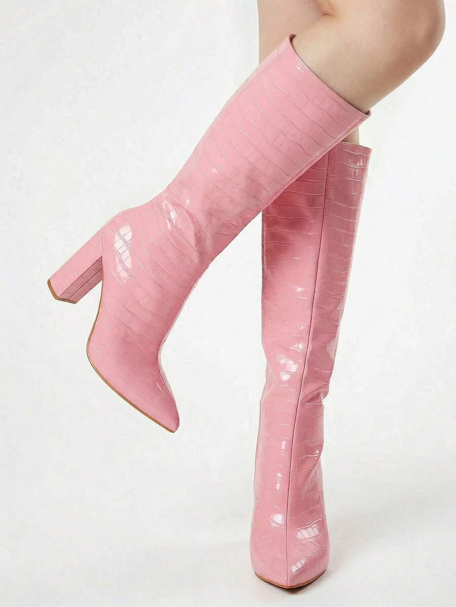 ROMWE Kawaii Fall/Winter Minimalist Crocodile Embossed Side Zipper Classic Boots, Fashionable Pink Women's Boots,Party