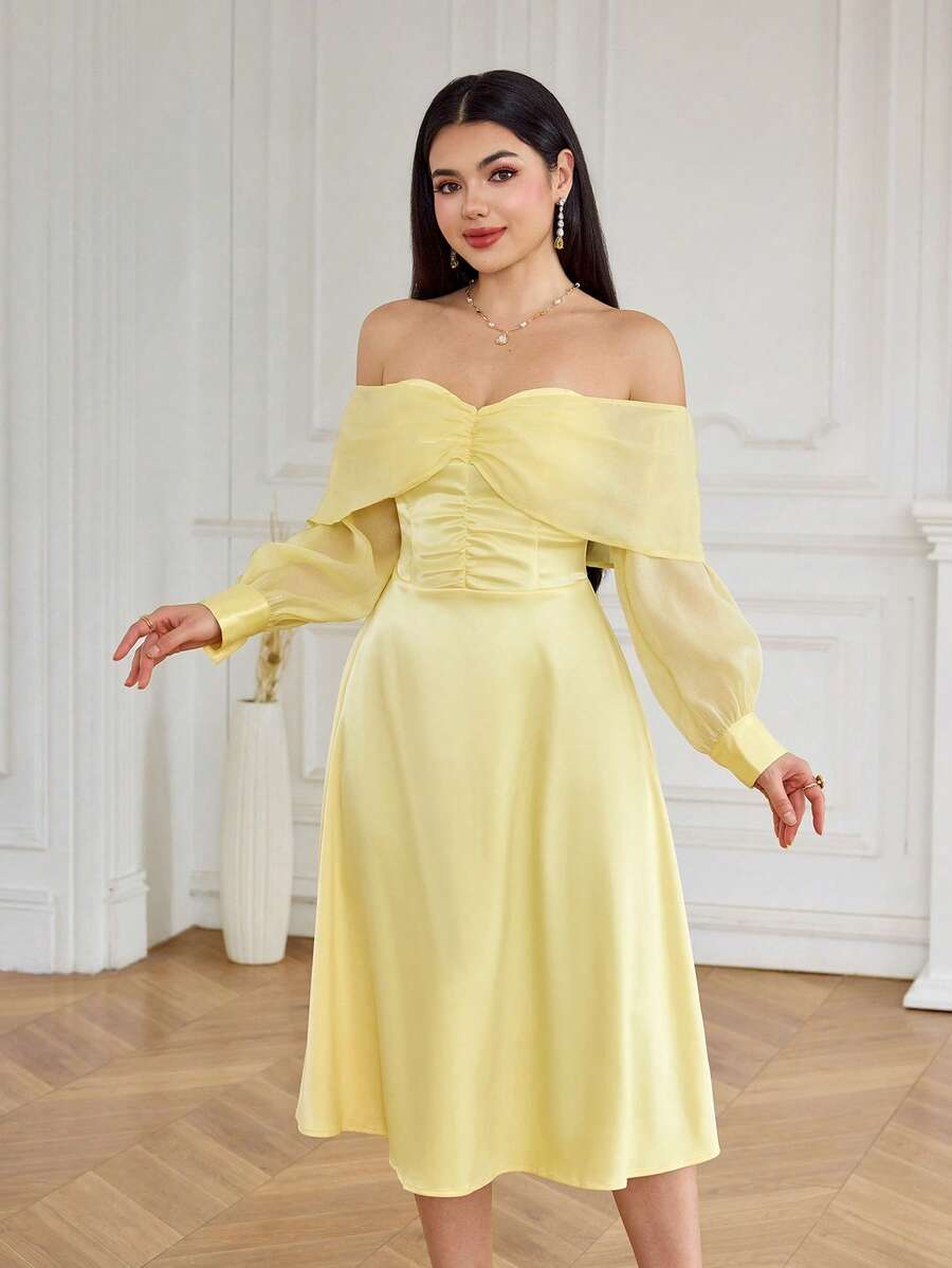Modelyn 女款時尚優雅淡黃色露肩荷葉邊迷你洋裝 婚禮派對夏季 - 黃色 - 查看 1