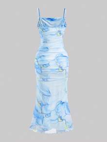 SHEIN Teen Girl/Teen Girls Floral Pattern Mesh Ruched Cami Dress - Blue - View 9