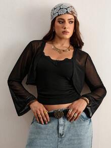 Freevana Bộ hai mảnh áo hai dây cổ chữ V ren đen phối với áo khoác cardigan lưới xuyên thấu – Chất liệu co giãn ôm sát, áo khoác tay dài nhẹ, trang phục dệt kim mùa xuân hè ngọt ngào, thanh lịch và thường ngày dành cho nữ. - màu đen - Xem 4