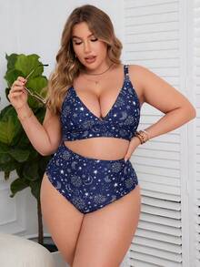Swim Lushoire 大码女式夏季沙滩阳光脸部印花性感比基尼泳装套装 - 彩色 - 查看 3