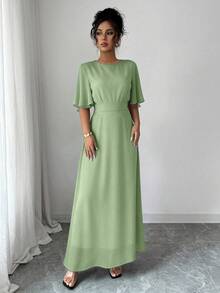 Modelyn Đầm maxi chiffon dáng suông, cổ tròn, tay bồng, bèo nhún, thanh lịch dành cho nữ, thích hợp cho mùa xuân/hè. - màu xanh lá - Xem 6