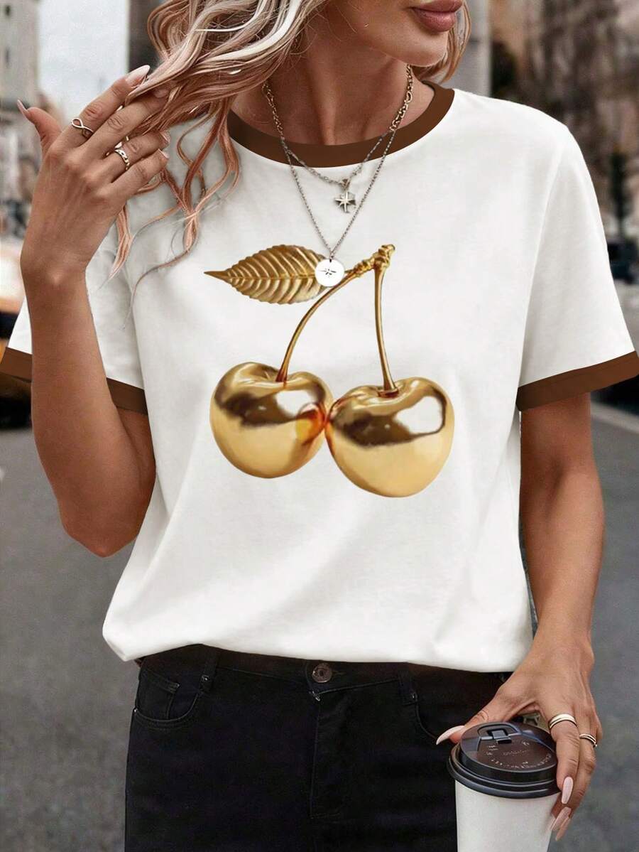 EMERY ROSE Women's Cherry Print Round Neck Short Sleeve Casual Versatile T-Shirt - White - View 1