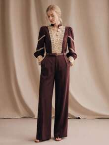 Anewsta Women's Spring Vintage Collar Blouse, Embroidered Lace Patchwork Pearl Button Sleeve Red Shirt, Suitable For Daily Work, Dating, Evening Party, Women's Work Outfits - Coffee Brown - View 6