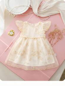 Newborn Baby Girl Elegant Cute White Mesh Embroidered Ruffle Hem Dress - Multicolor - View 6