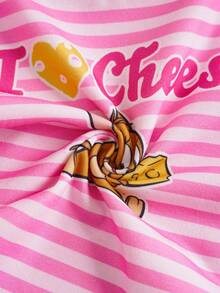 TOM & JERRY X SHEIN 女童圆领条纹字母卡通印花休闲百搭日常穿T恤 - 粉色 - 查看 5